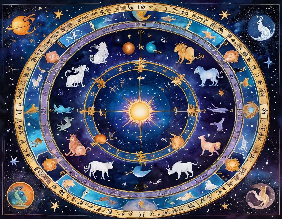 A celestial scene featuring the twelve zodiac signs in a harmonious arrangement, each symbol intertwining with stars and planets, showcasing their unique traits. Depict a diverse couple in the center, representing different signs, gazing at a cosmic chart of compatibility. Include vibrant constellations and an ethereal glow to emphasize the connection between the zodiac signs. mystical, fantasy-art, vibrant colors.
