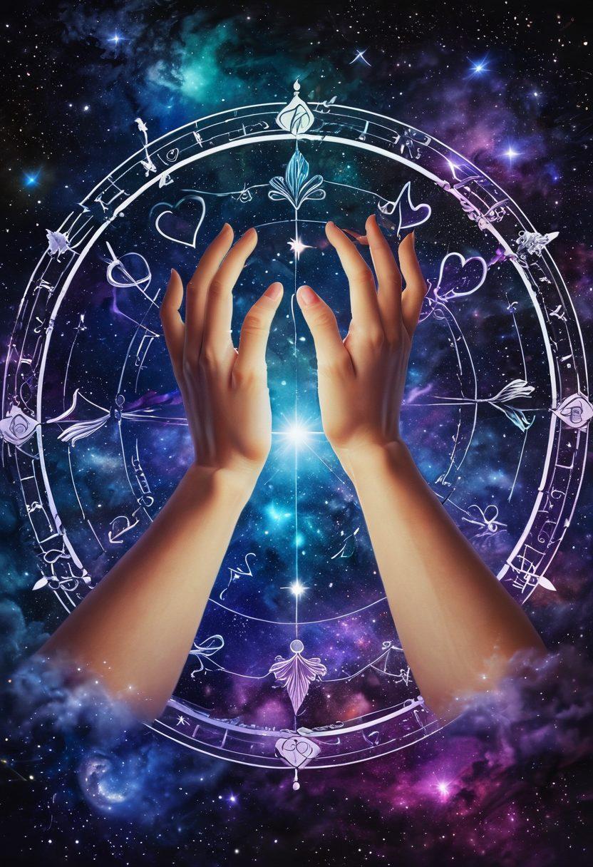 A celestial-themed scene featuring zodiac constellations in vibrant colors intertwined with symbolic representations of relationship harmony, such as hearts and intertwined hands. A mystical ambiance with a starry sky and soft glowing elements to evoke a sense of personal connection and introspection. Include a cosmic wheel in the background showcasing astrological signs. super-realistic. vibrant colors. mystical atmosphere.