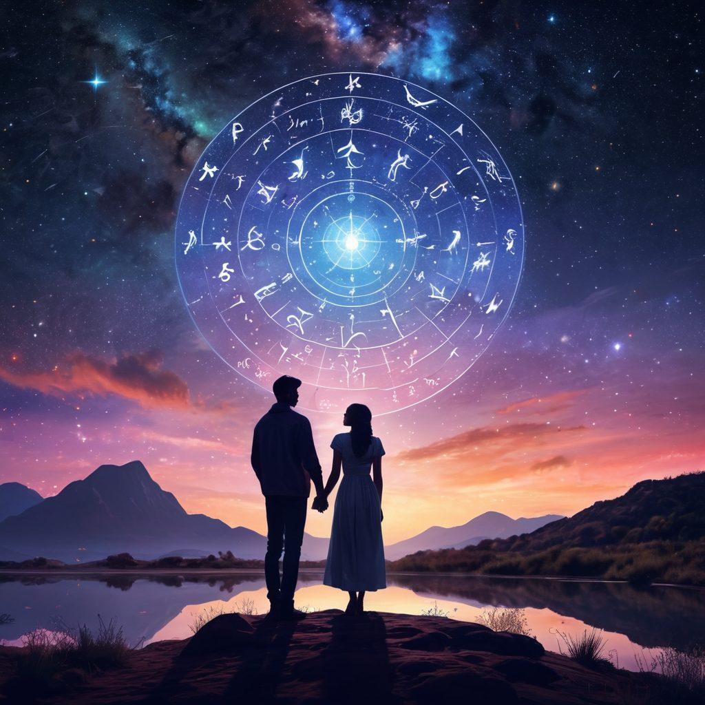 A romantic scene featuring a starry night sky with zodiac constellations illuminating the background. In the foreground, two silhouetted figures standing hand-in-hand, surrounded by astrological symbols representing various zodiac signs. Soft glowing light highlights the connection between the figures, reflecting love and compatibility. The overall mood is mystical and enchanting, invoking a sense of deep connection through astrology. vibrant colors. dreamy atmosphere. digital painting.